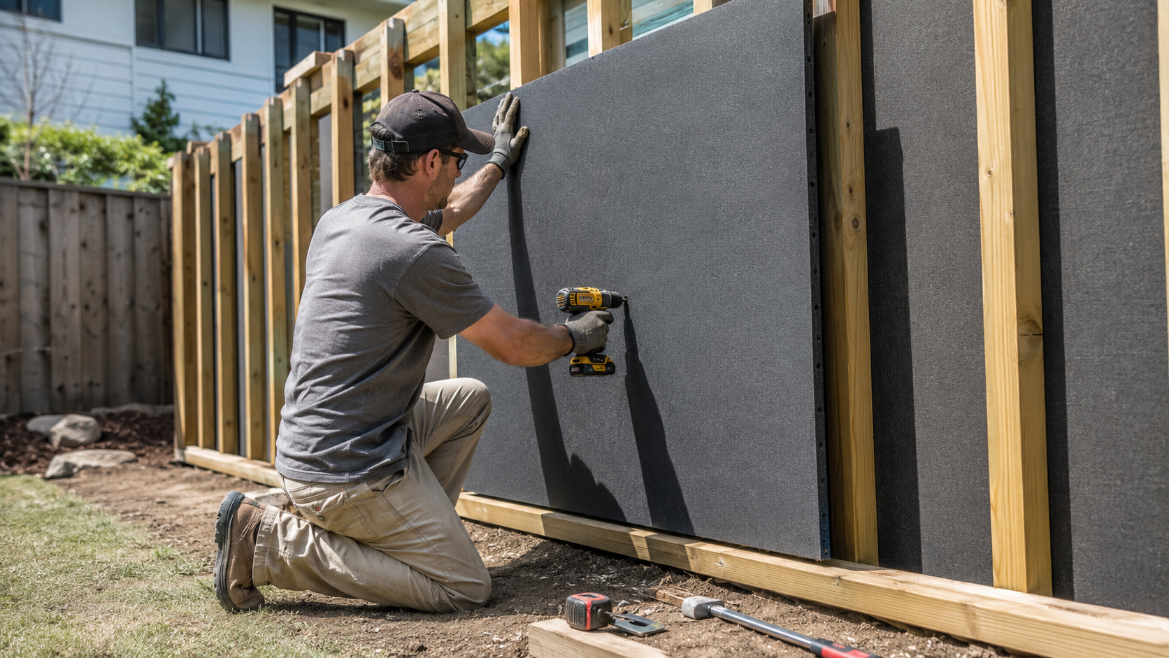 Worker fastening a mass-loaded acoustic panel to a backyard fence frame